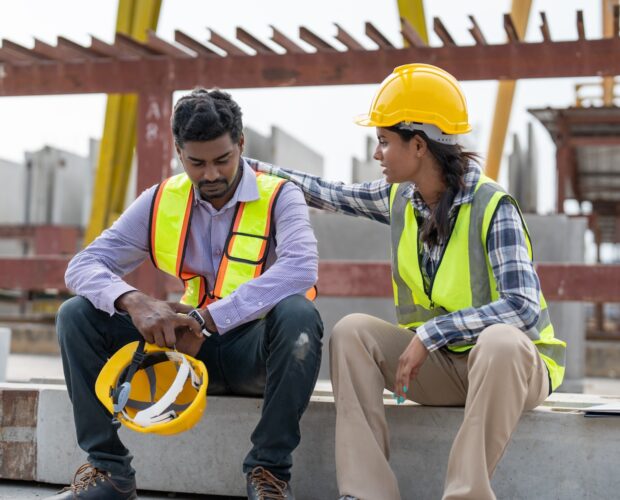 Asian Indian man worker feeling sad and upset while sitting at construction site. Female worker colleague supporting and consolation him suicide awareness month bcs concrete austin texas