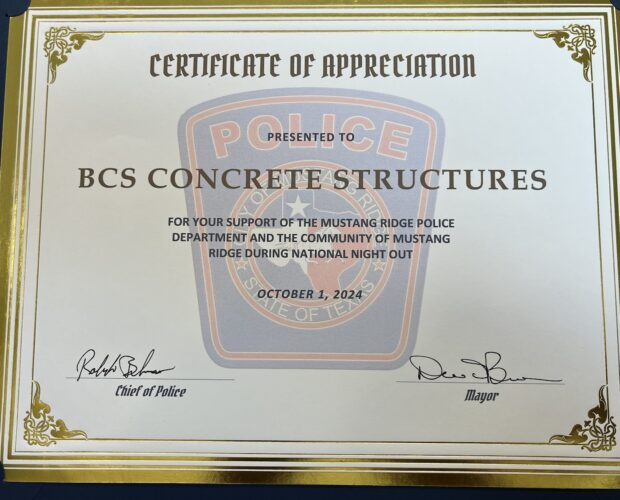 Mustang Ridge Police Department and BCS Certificate of Appreciation